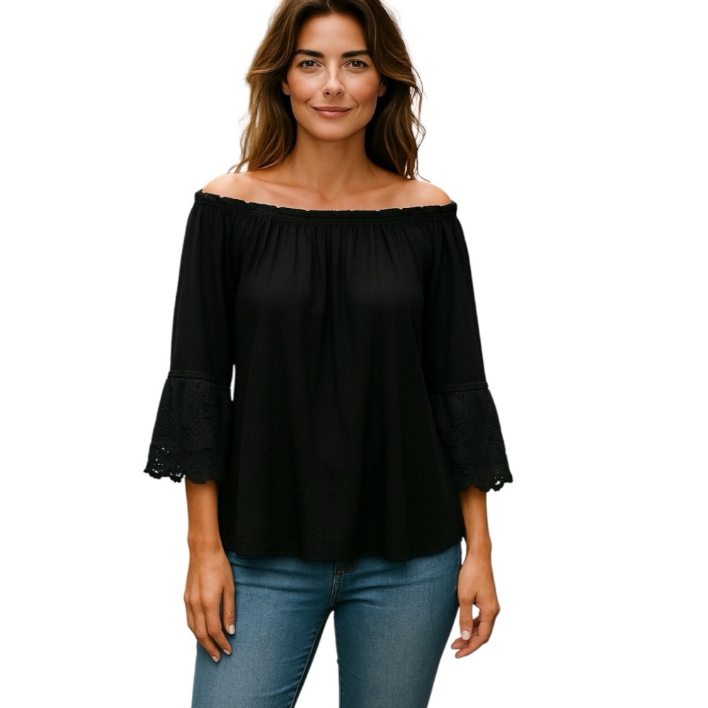 Off The Shoulder Lace Cottagecore Black Blouse Loose Fit Sz S Chelsea & Theodore